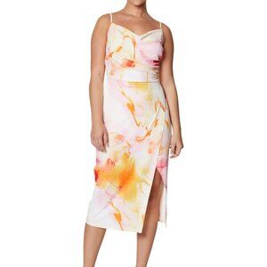 NWT! LAUNDRY Women's Pink Yellow Spaghetti Cowl Neck Midi Faux Wrap Dress 10